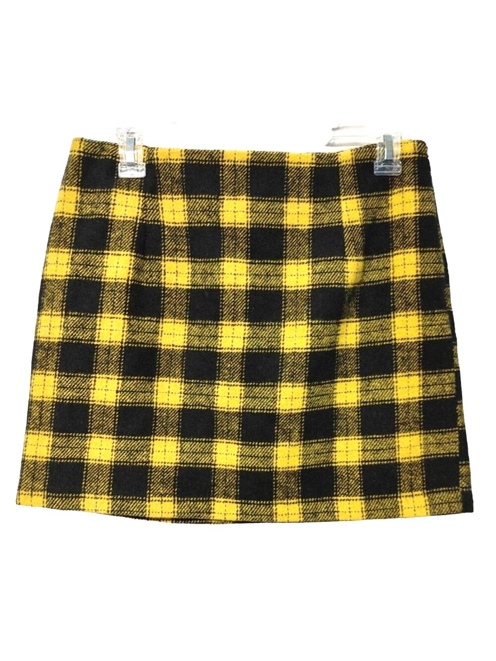 Forever 21 Plaid Flannel Mini Skirt Lined Fitted Checked Yellow Black Womens M